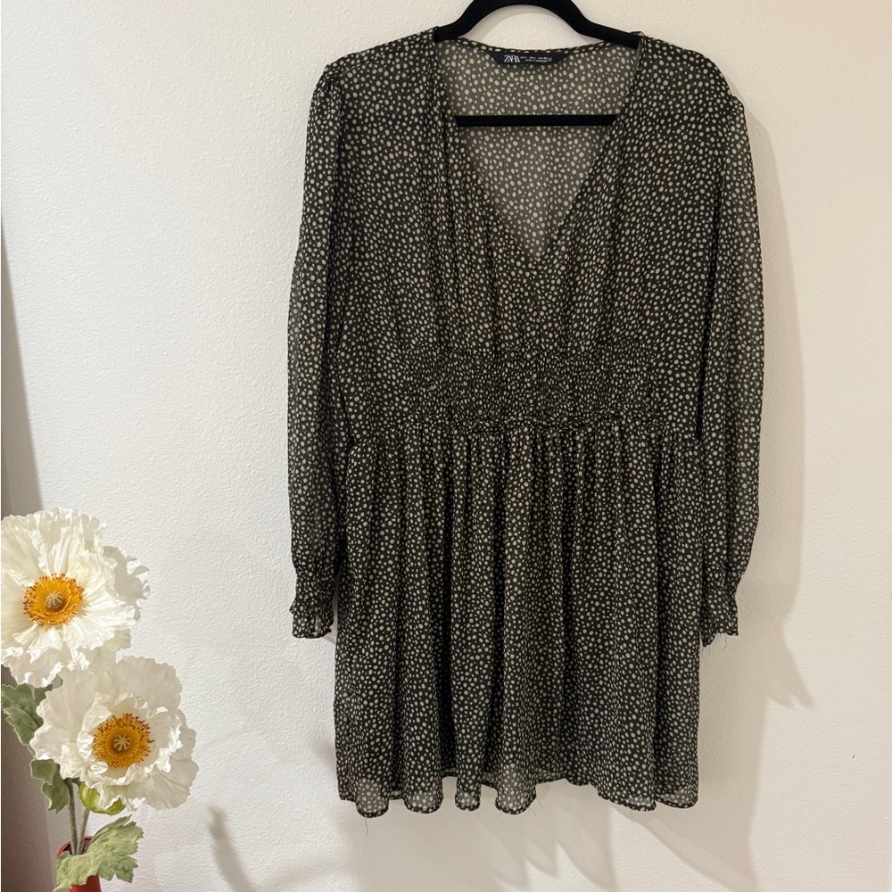 Zara Black and White Floral Long Sleeve Dress
